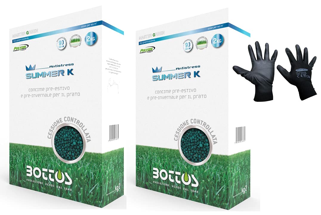 Bottos, Concime pre-estivo e pre-invernale per Prato Bottos Summer K Antistress 10-0-30 4 kg (2Kg X 2pz dose per 160mq) * inclusi GUANTI SOFT 100% NYLON POLIURETANO EXTRA-STRONG NERO
