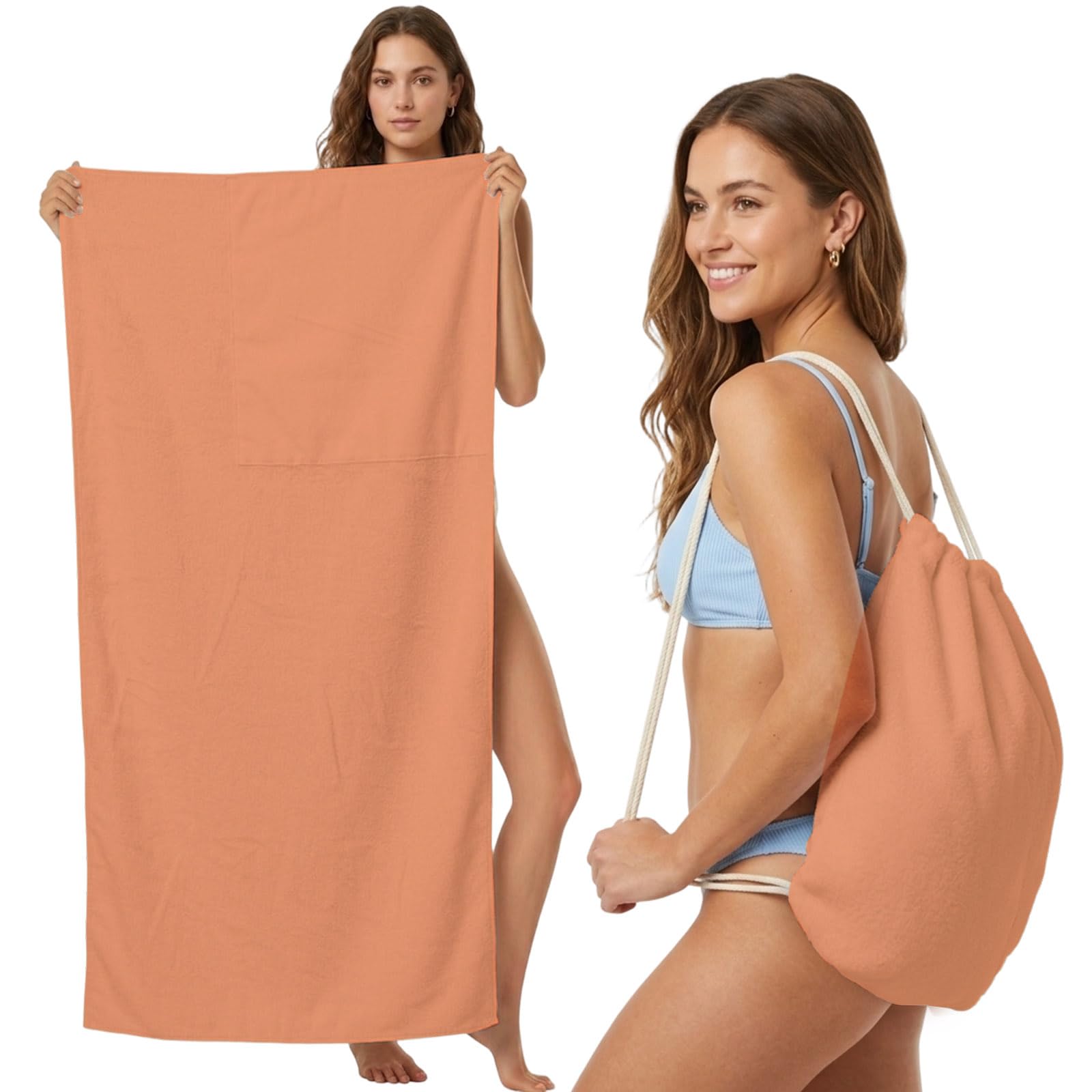 FWJZDSP Beach Towel Backpack Convertible Solid Color Sand Free Quick Dry Towel Bag Orange Beach Towel with Adjustable Straps for Travel Swimming Pool Beach Accessories 31.5x63in