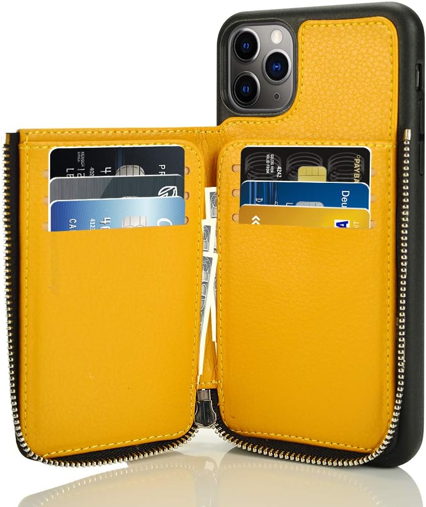 LAMEEKU iPhone 11 Pro Max Wallet Case, iPhone 11 Pro Max Leather Case, Shockproof Apple 11 Pro Max Credit Card Holder Slot Cases with Zipper Wallet, Protective Cover for Apple iPhone 11 Pro Max Yellow