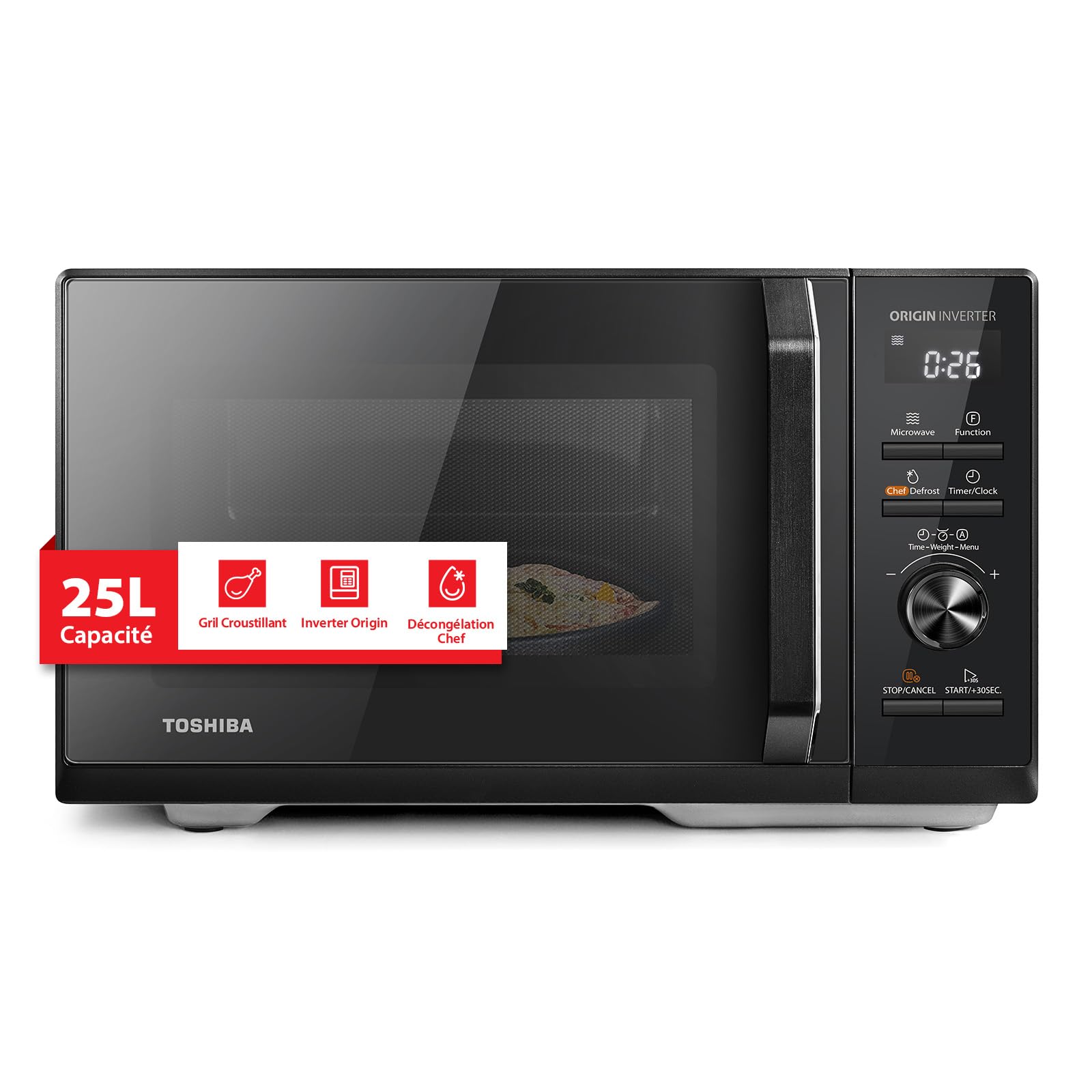 Toshiba Inverter Origin, MW3-AG25PFI(BK), Four Micro-ondes Combiné avec Gril 25L 900W, 3-en-1, 7 Menus Automatiques, Cussion Rapide, Grande Capacité, Décongélation Chef