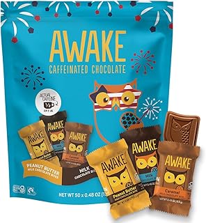 AWAKE - Caffeinated Chocolate Bites - Red White and Hoo Milk Variety Pack (3 Flavors) - Peanut Butter, Milk, & Caramel - 50 pieces - 50mg Caffeine - Individually Wrapped Energy Bites - Coffee Alternative - Fairtrade, Gluten Free, Non GMO - 0.48oz each