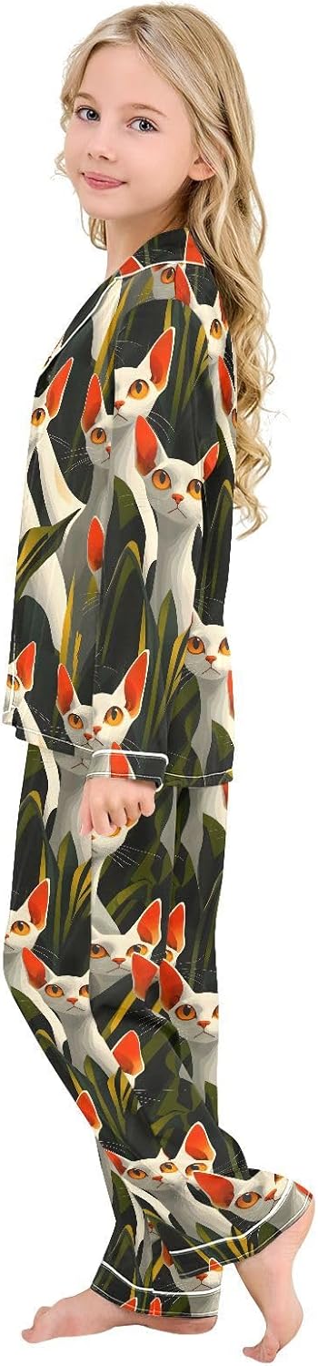 senya Orange Cat Cute Satin Pajama Sets Long Sleeves Nightwear Button Down Sleepwear
