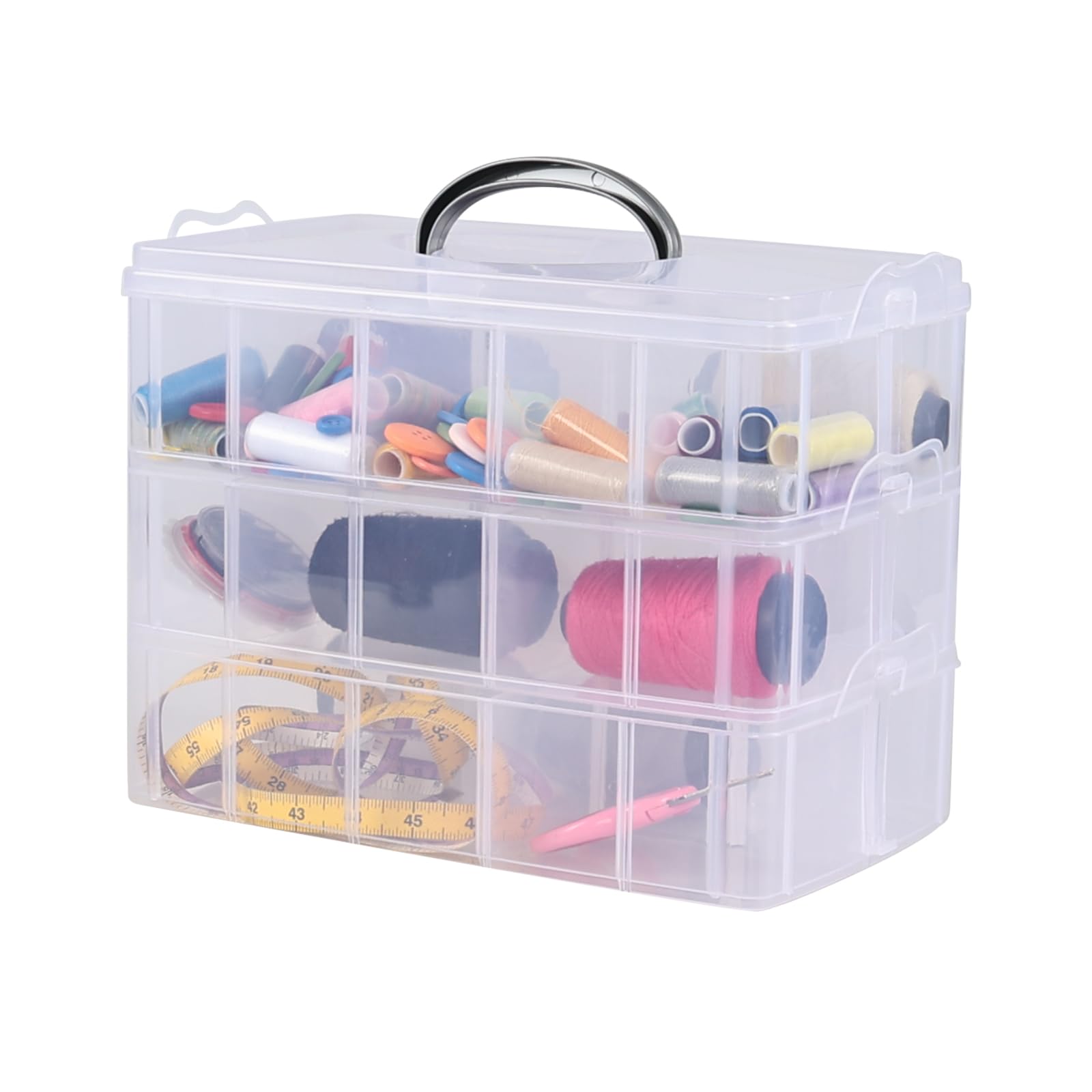 Lesbin 3-Tier Clear Plastic Storage Box With 30 Compartments and Carry Handle for Craft Organization