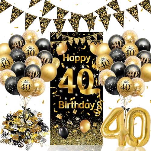 40. Geburtstag Deko Set Schwarz Gold - Komplette Geburtstagsparty Dekoration für Männer & Frauen mit Riesen Hintergrundbanner Dreiecksgirlande Zahlenluftballon Luftballons und Konfetti