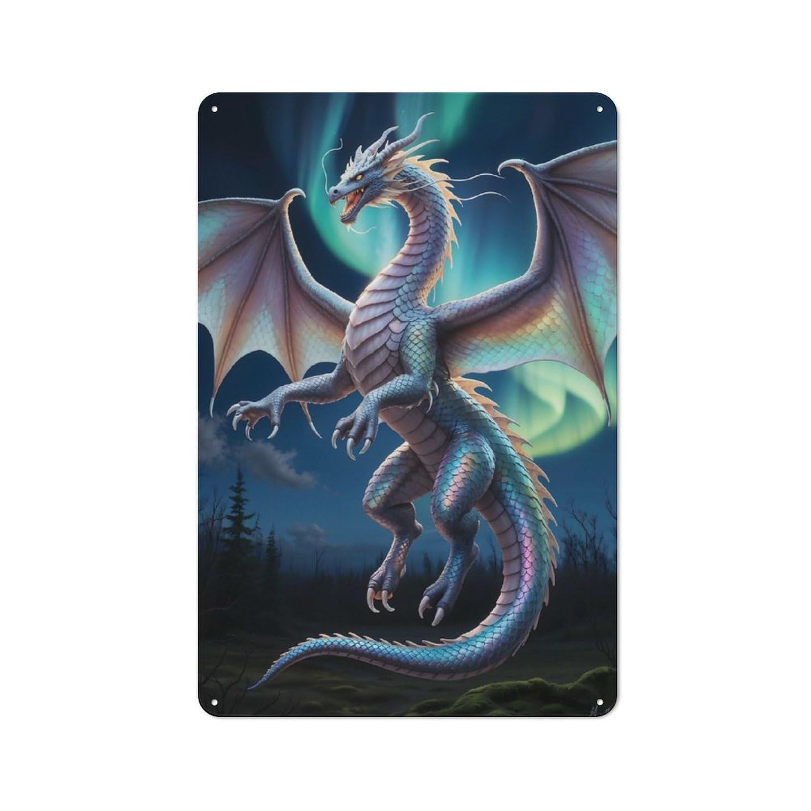 Majestic Dragon Under Aurora Borealis Metal Wall Sign 30x20cm, Clean Industrial Loft Wall Plaque for Workspace, Cafe, Hallway Or Garage