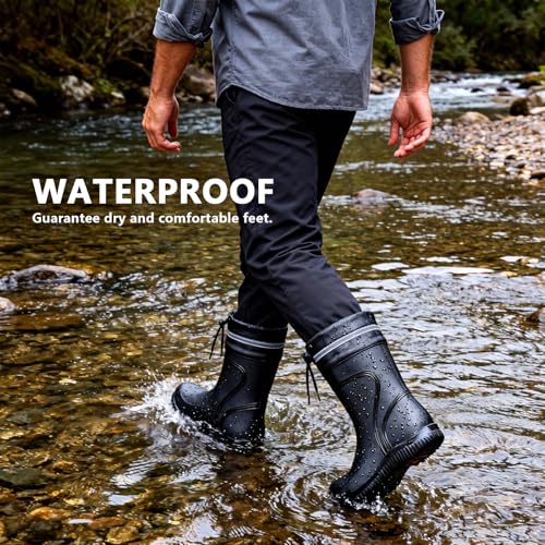 Image of Rain Boots for Men Waterproof Mens Mid-Calf with PVC Rubber Boots Mens Mud Boots, Garden Boots Comfort Lightweight Gardening Fishing Shoes for Yard Farm Outdoor Work