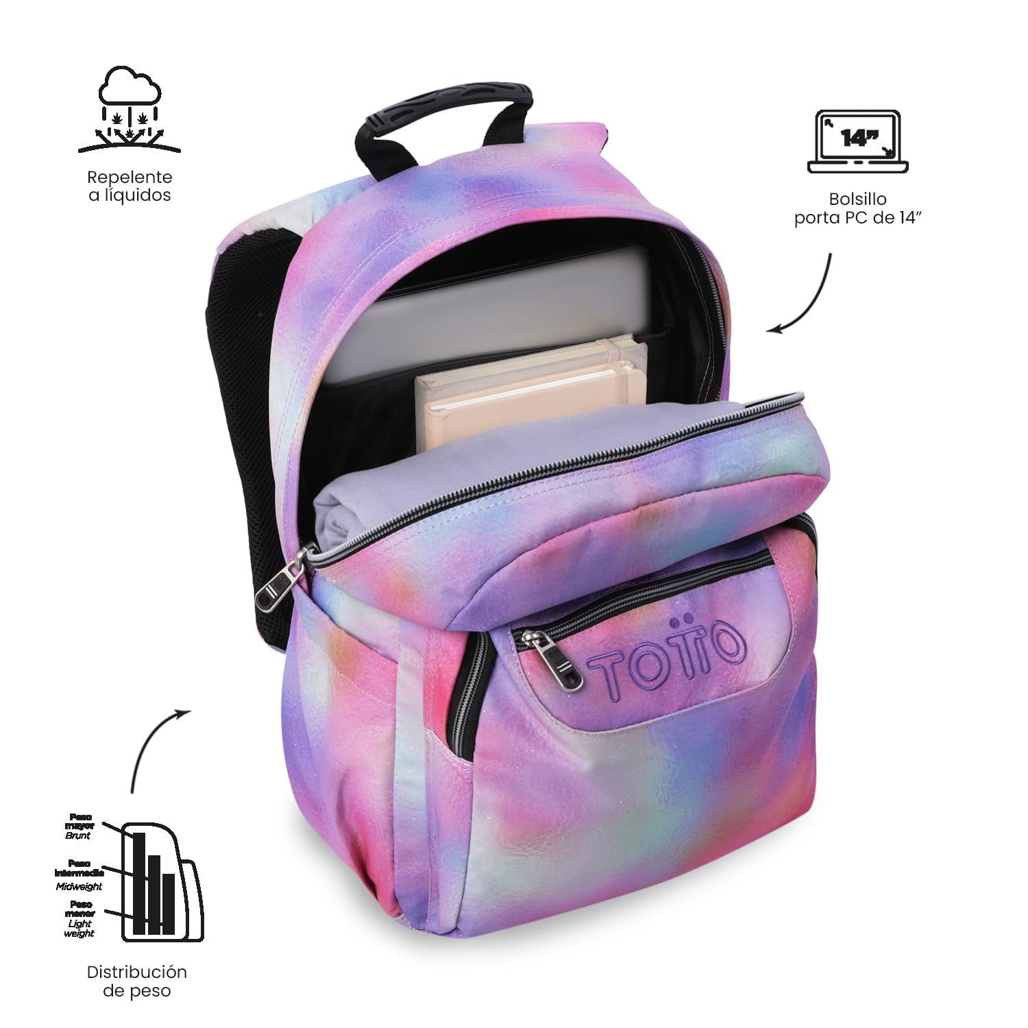 TOTTO - Mochila Escolar Adaptable a Carro, Modelo Acuareles Glitter, Capacidad 20 L, Bolsillo para Pc 14", 2 Bolsillo Botella, Espaldar Ergonómico con Flujo de Aire, Correas en S, Estampado Bloom