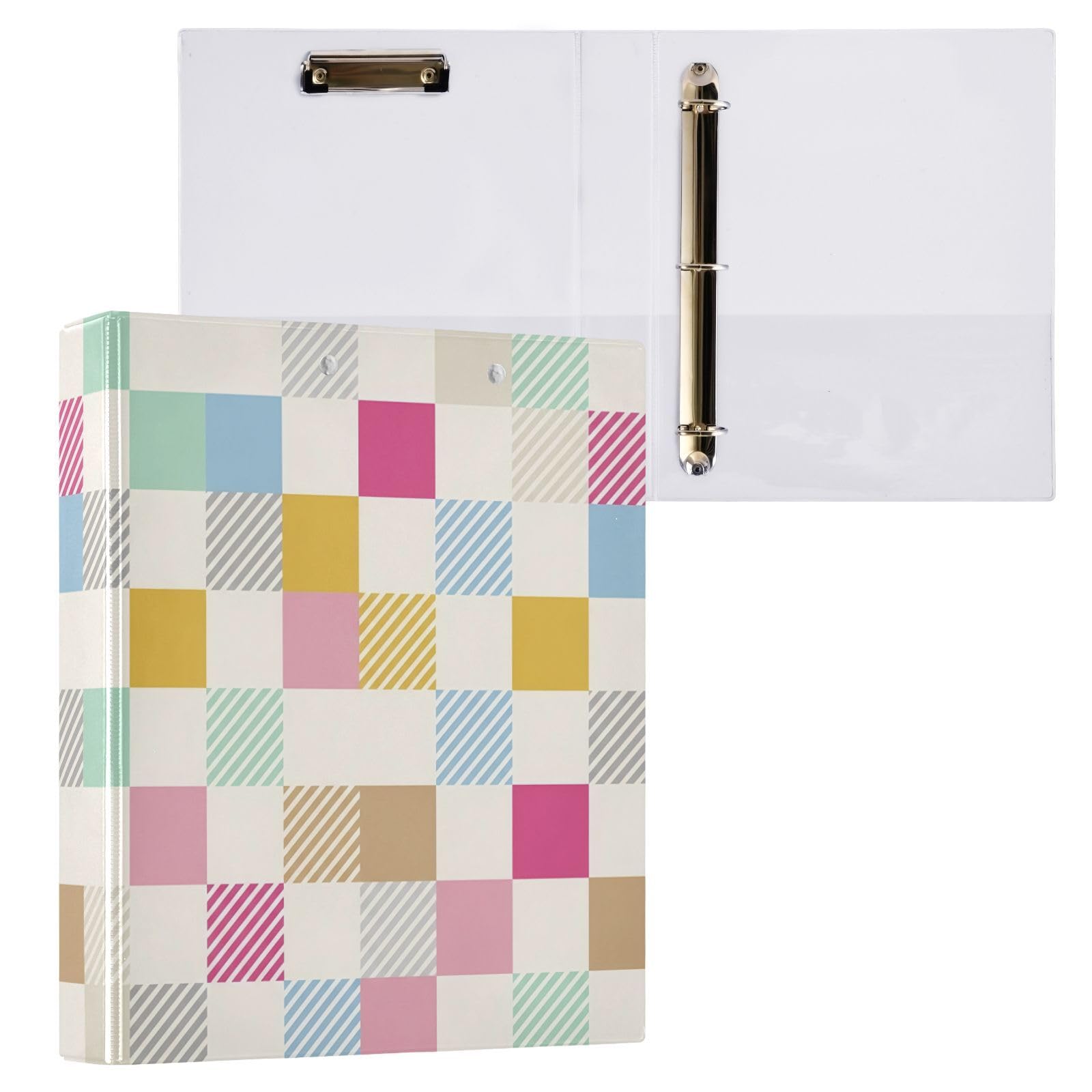 Raccoglitori a 3 anelli, 3,8 cm, a scacchiera, decorativi, rotondi, con clip in metallo, organizer per casa e ufficio, confezione da 2