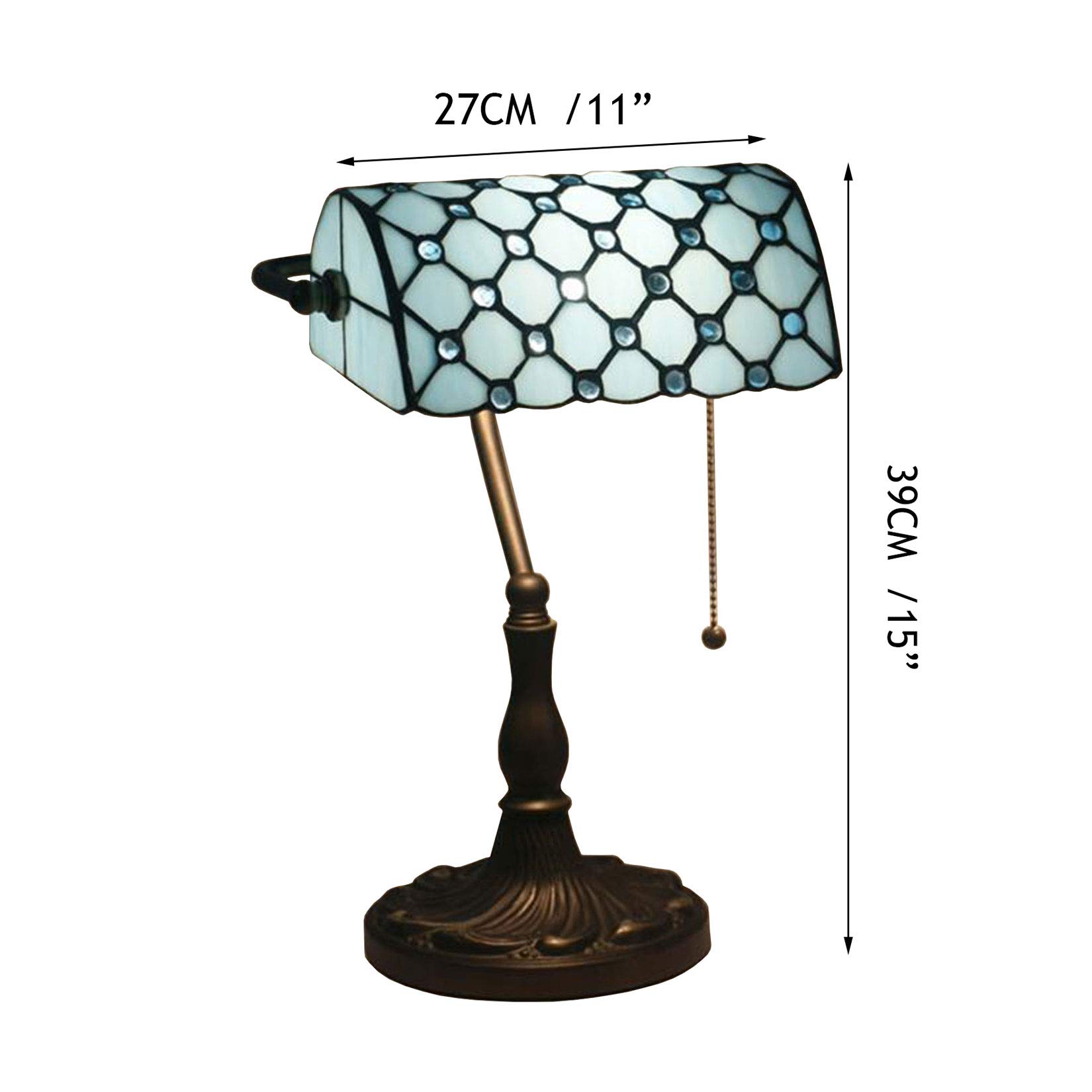 Lampa bankierska z witrażowym abażurem 25 cm z kryształowymi koralikami, lampa biurkowa w stylu vintage, do czytania, pracy, ręcznie robiony prezent, zielona niespodzianka (niebieska)