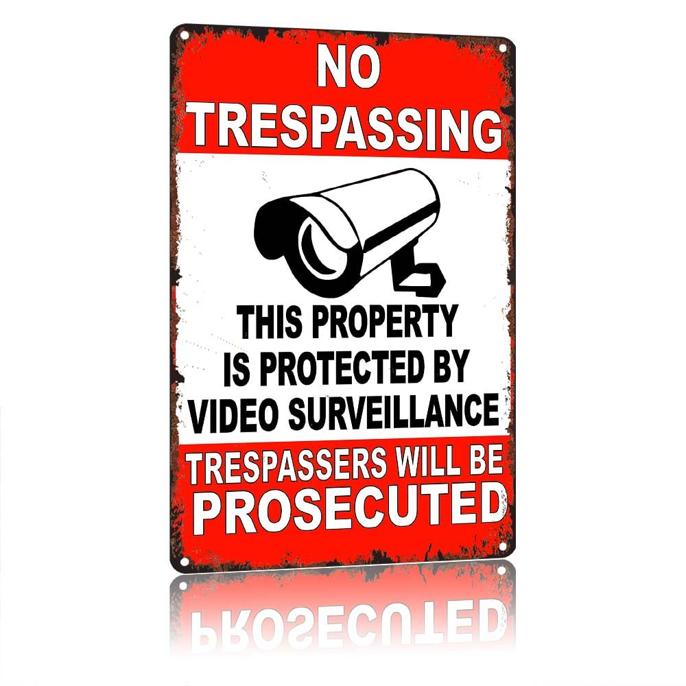 No Trespassing This Property Is Protected By Video Surveillance, Vintage 12X8 Inch Aluminum Metal Sign, Trespassers Will Be Prosecuted Warning Sign For Outdoor Fence Private Property Yard Decor