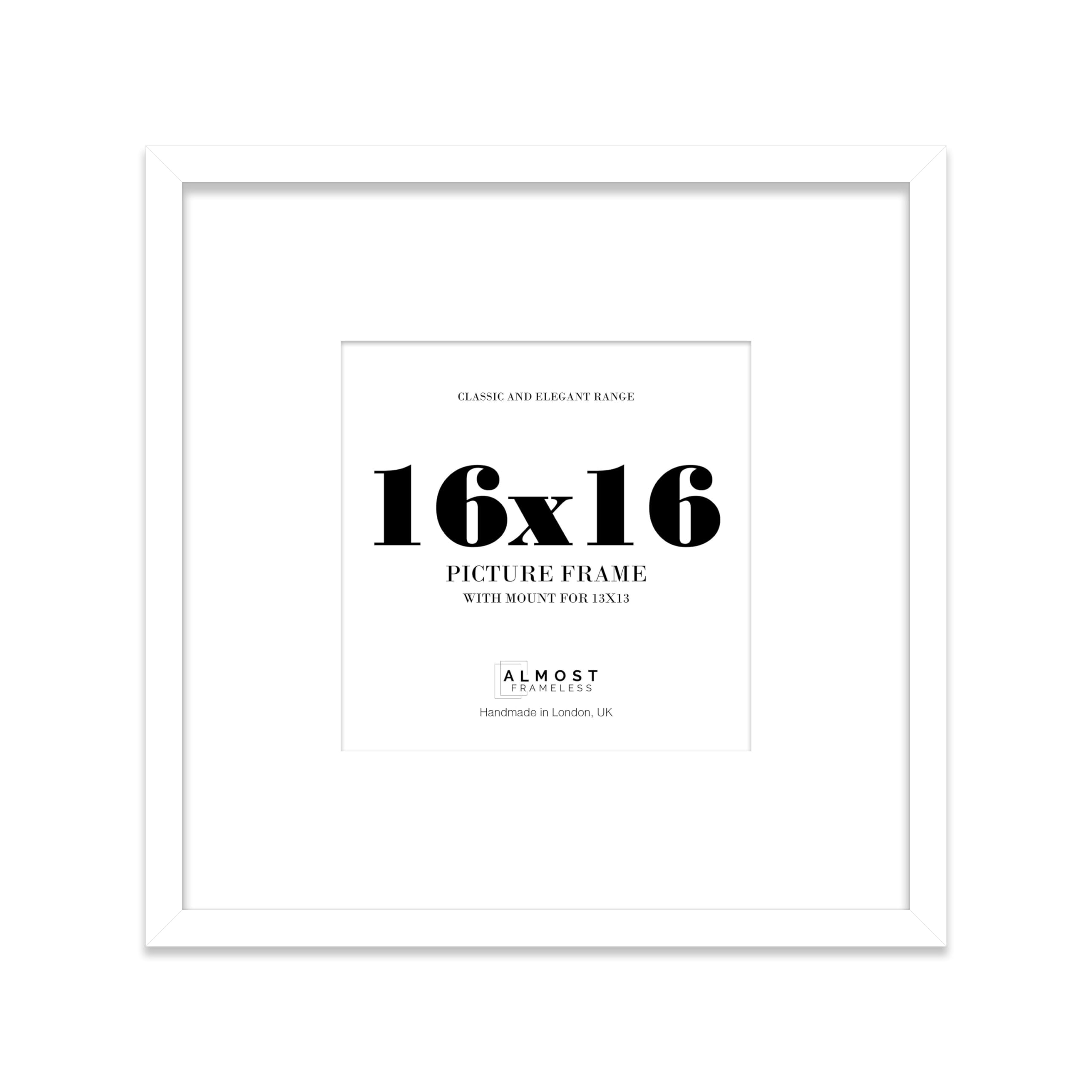 Almost Frameless 16x16 Square Picture Frame, Display Pictures 13x13 With Mat or 16x16 Without Mat, Wall Hanging & Free Standing Photo Frame, White, 1 Pack
