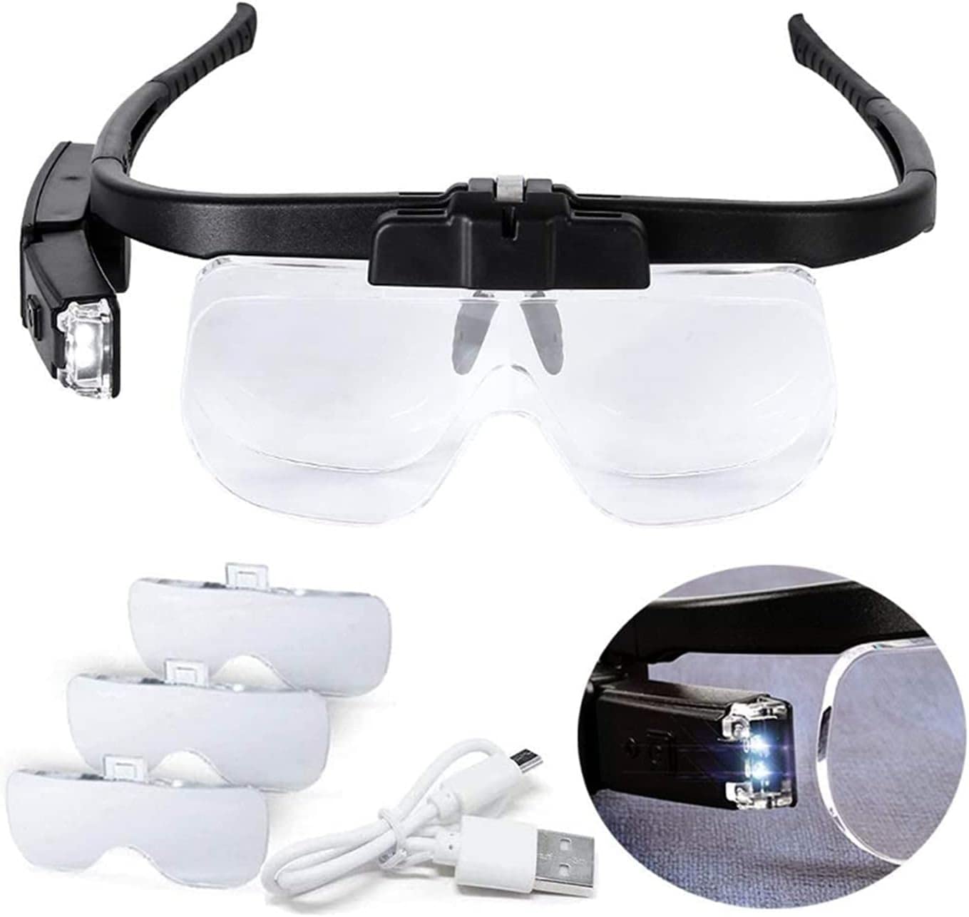 asdchZen Magnifying Glass Lamp Usb Rechargeabl Head Mounted Binocular Eyewear Loupe Magnifier With 3Led Illuminated Headband Magnifying Glass For Reading Flexible Gooseneck Arm Marriag,Fdj030-1