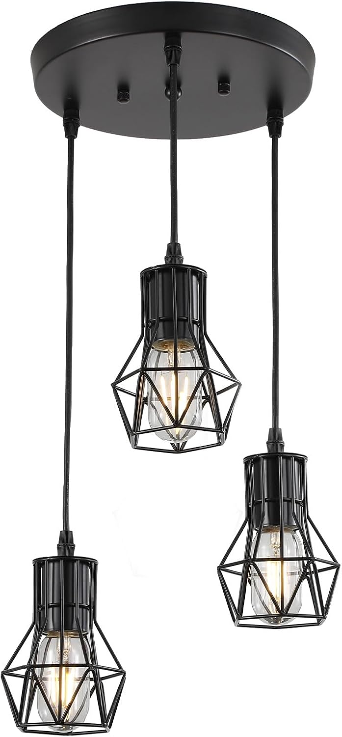 Farmhouse Pendant Lights Kitchen Island, 3 Light Pendant Lighting for Kitchen Island Dining Room Bedroom, Black Pendant Lights Fixtures with E26 Base