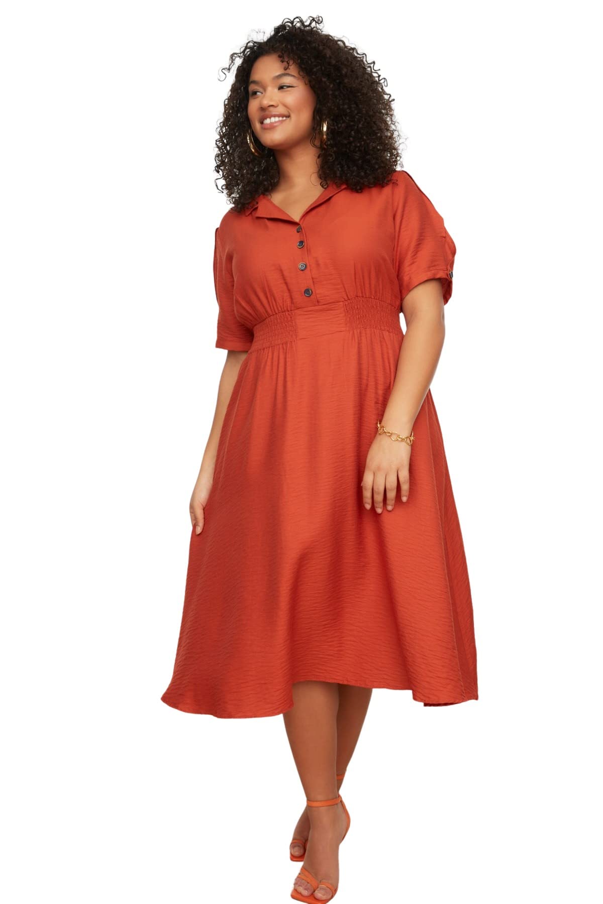 Trendyol FeMan Plus Size Midi A-line Relaxed fit Woven Plus Size Dress Orange