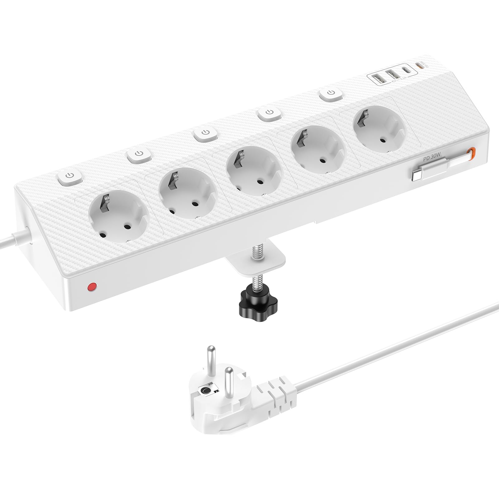 Steckdosenleiste Tischsteckdose mit 2 USB C (PD 30W / 65W), PASSUS 5 Fach Mehrfachsteckdose Schreibtisch mit Überspannungsschutz & Einzeln Schaltbar, 10-in-1 Ecksteckdose für Zuhause Büro