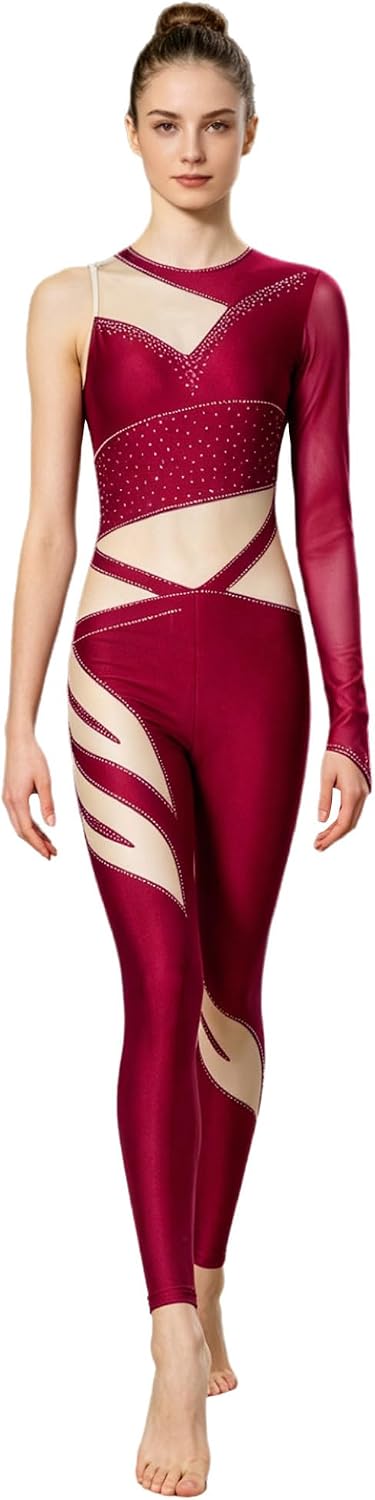 Women's Shiny Rhinestone Gymnastics Leotards One Piece Asymmetric Figure Skating Leotards