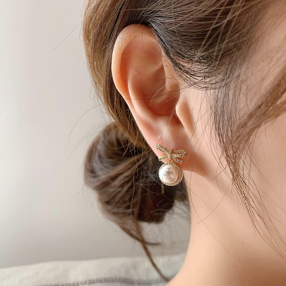 MIKAMU 14k Gold Ribbon Bow Stud Earrings for Women cubic zirconia Dainty Gold Plated Pearl Earring for Women Jewelry - Image 3