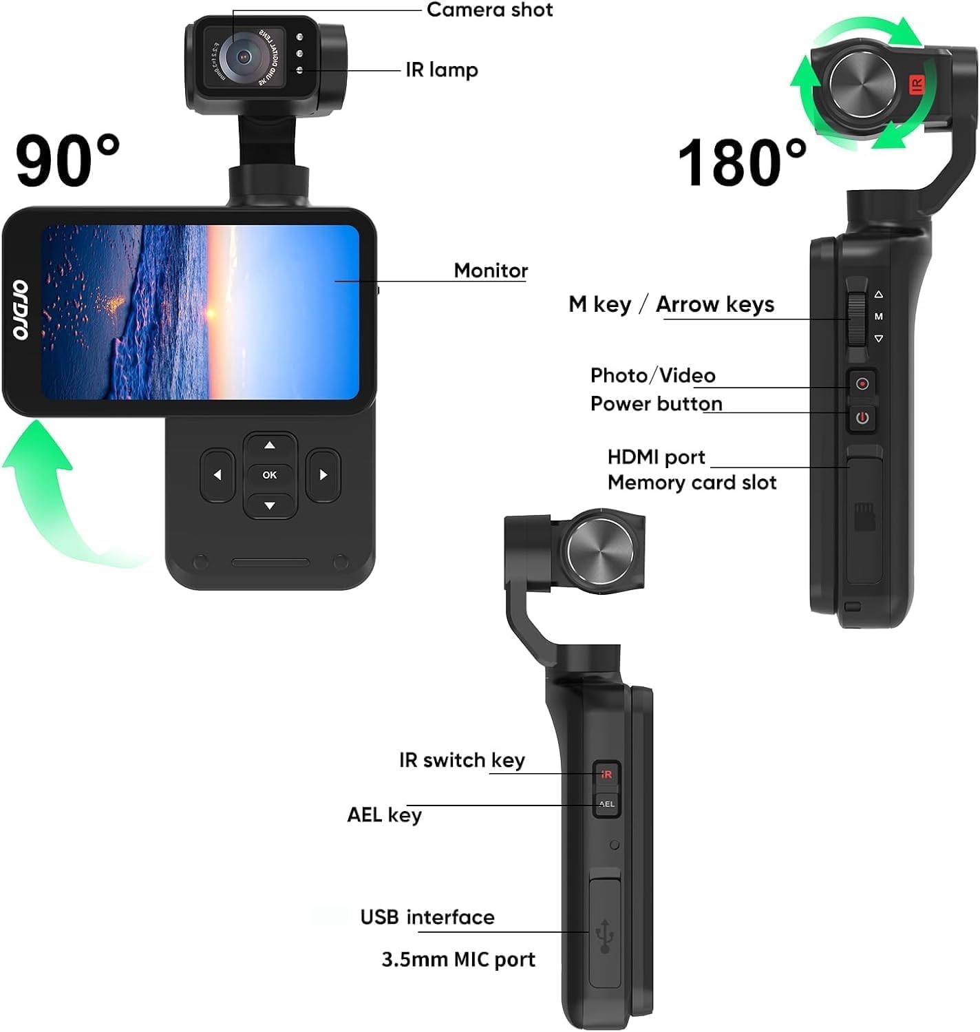 ORDRO M5 Camera Vlog, 4K/60 IPS Camescope, Stabilisation à 3 Axes, Écran Tactile Rotatif 3,5", Suivi Facial, WiFi, Camera Vision Nocturne, Caméscopes Youtube