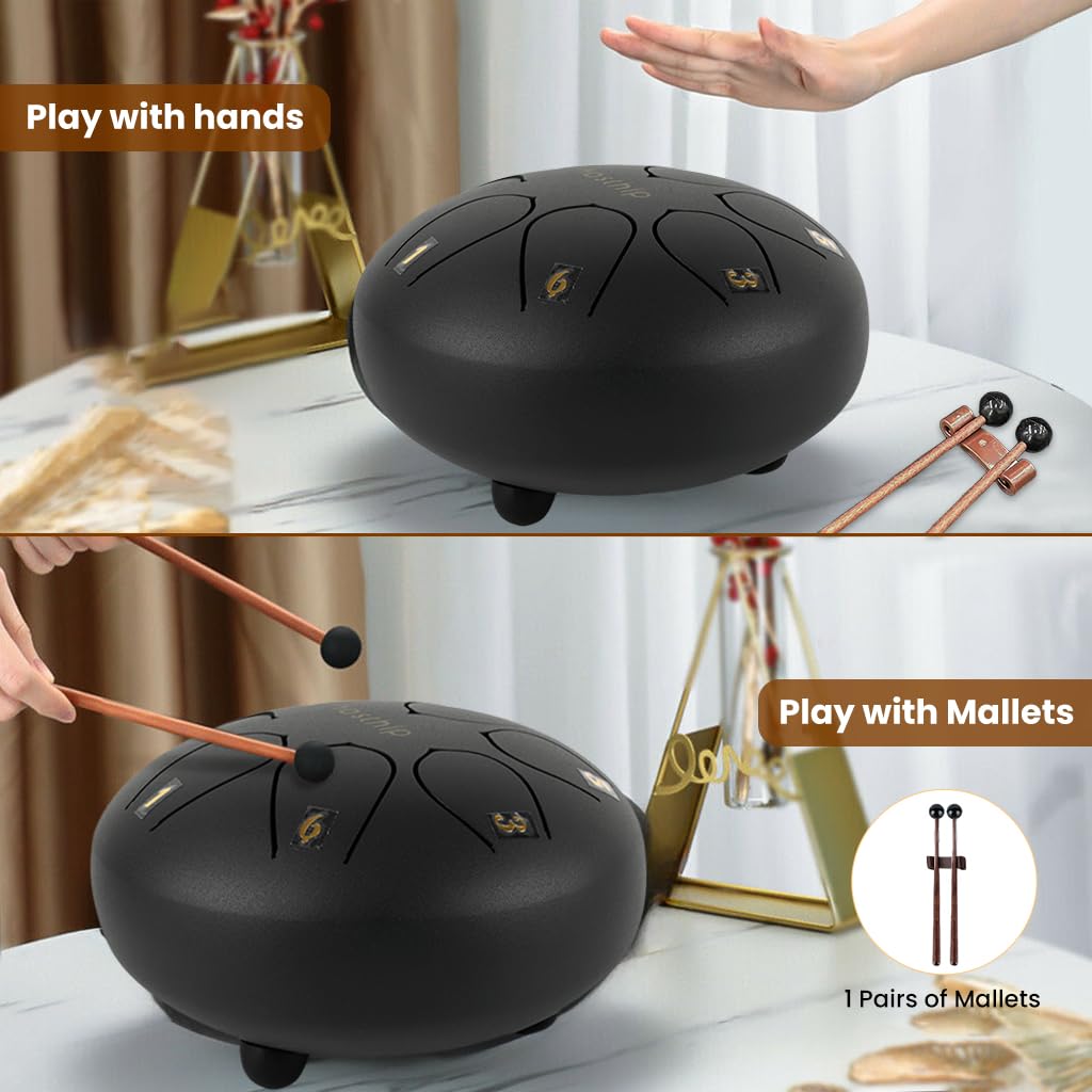 HASTHIP® Steel Tongue Drum 8 Note, 6 inch Percussion Instrument Handpan Drum with Bag, Music Book and Mallets for Kids and Adults Meditation Musical Education Concert Mind Healing Yoga (Black) 3