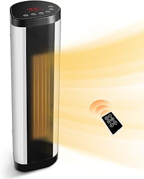 Review Space Heater, 1500W Ceramic Tower Heaters Indoor Portable with Remote, Electric Internal Oscillating Fast Heating Heater with Adjustable Thermostat, ECO Mode and Timer, Quiet and Safe for Indoor Use