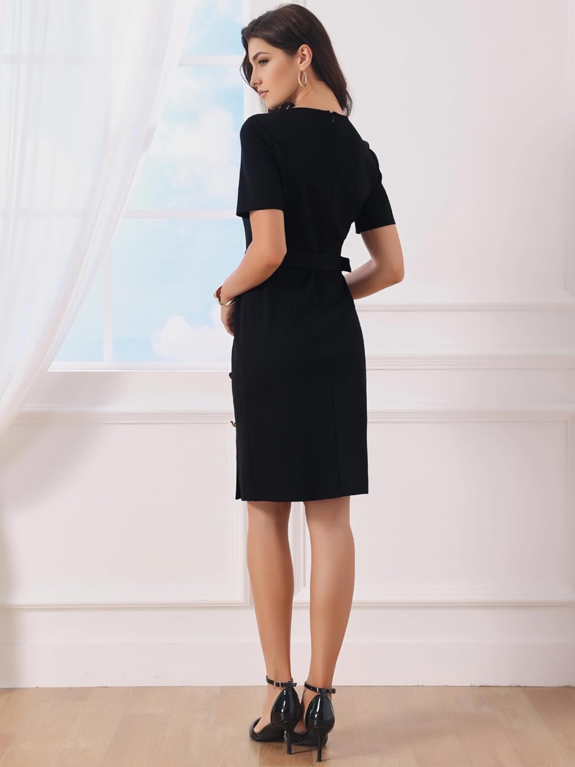 Women's Button Decor Sheath Dress Short Sleeve Pencil Dress with Belted - Image 5