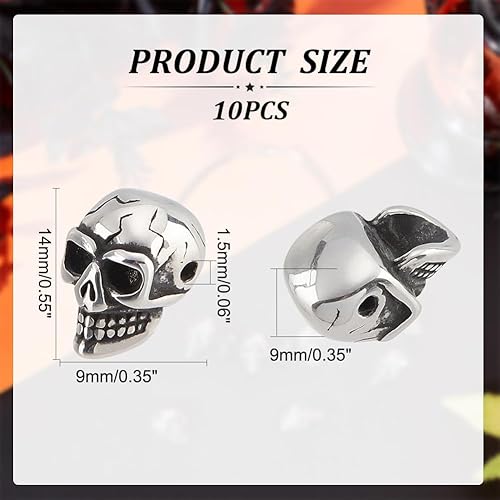Miniatura 2 de PH PandaHall 10 cuentas de calavera de 0.059 pulgadas de acero inoxidable europeo espaciador cuentas de calavera de plata antigua para collar,