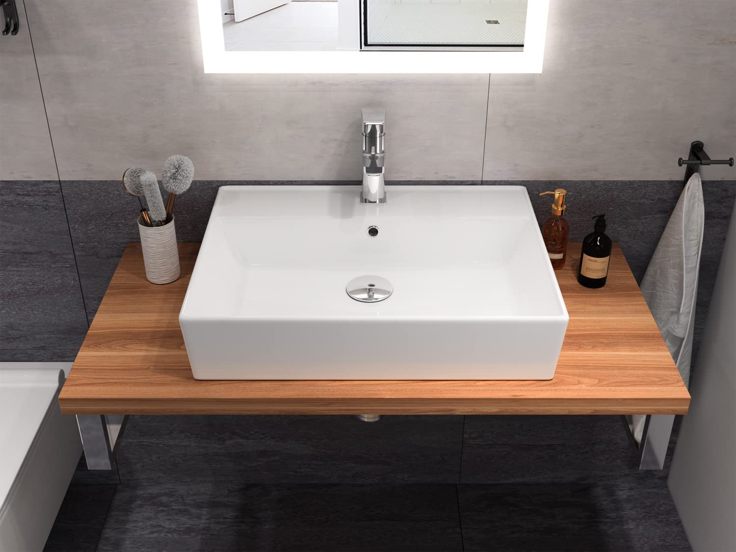 Aqua Bagno | Modernes Waschbecken aus Keramik hängender Waschtisch Aufsatzwaschbecken Handwaschbecken | 55 cm breit