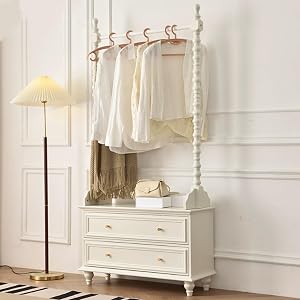 Solid Wood Clothes Rack Clothing Rack with 2-Tier Bedside Table Retro Style Garment Rack Floor Standing Closet Organizers