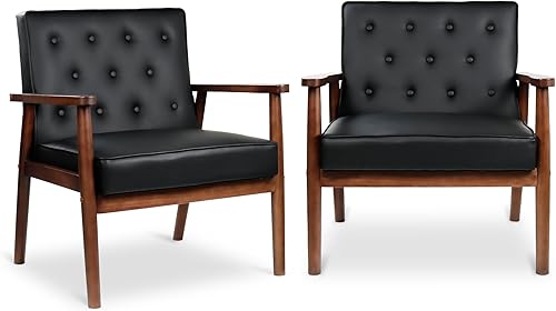 STHOUYN Silla moderna de mediados de siglo, juego de 2 sillas de cuero sintético con brazos de madera, sillas de sala de estar, sillón de lectura