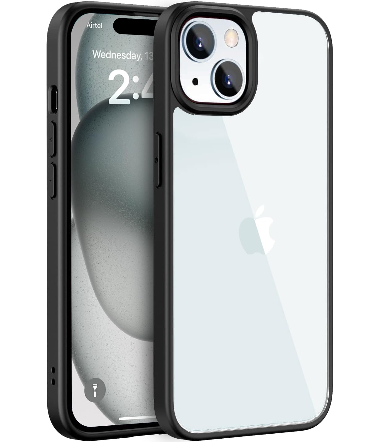 EGOTUDE Compatible with iPhone 15 | Classic Hybrid Transparent Anti-Yellowing Hard Back Cover Case (TPU+Polycarbonate) (Black)
