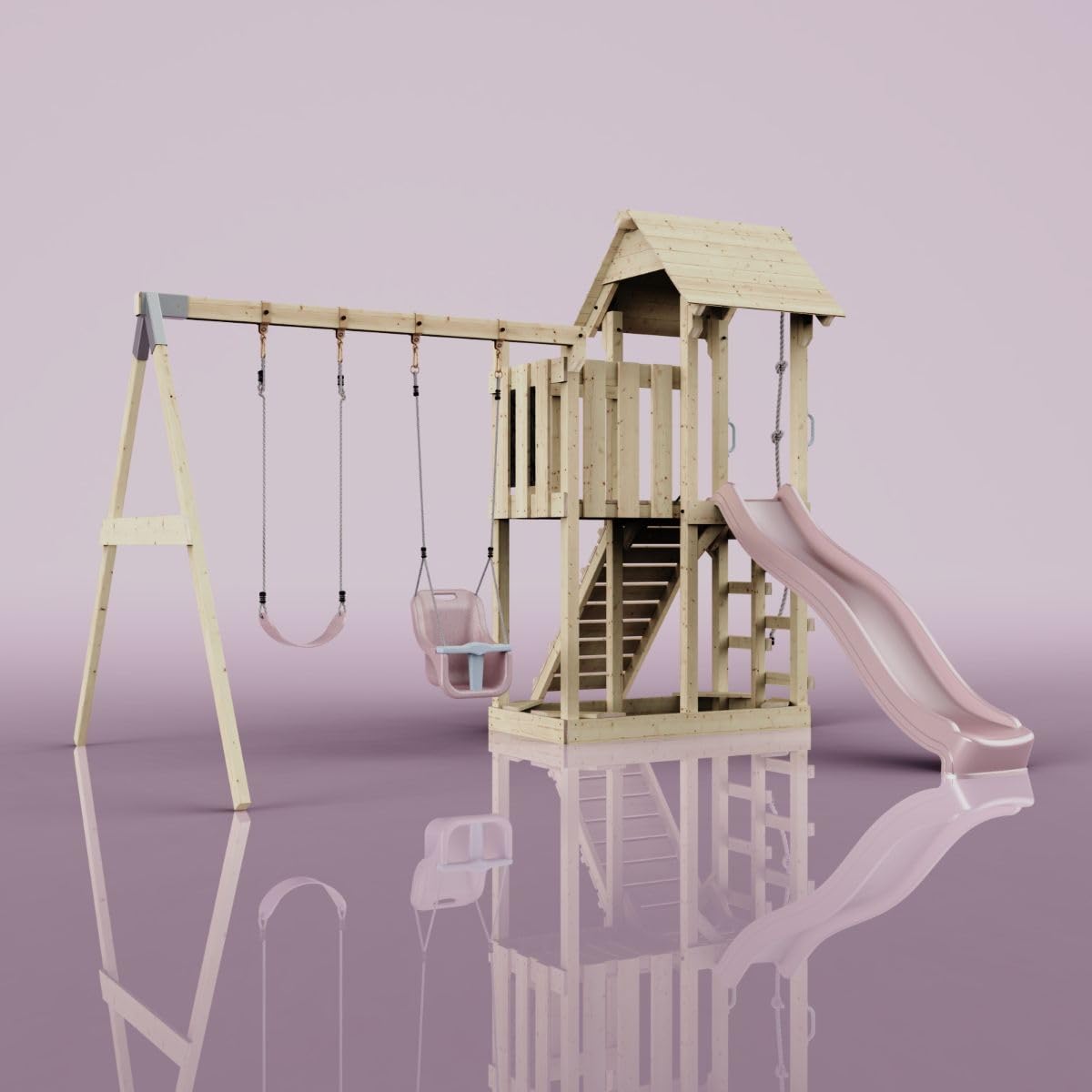 Rebo Spielturm mit Wellenrutsche und 2X Kinder-Schaukel, Outdoor Klettergerüst Garten mit Plattform,Altrosa
