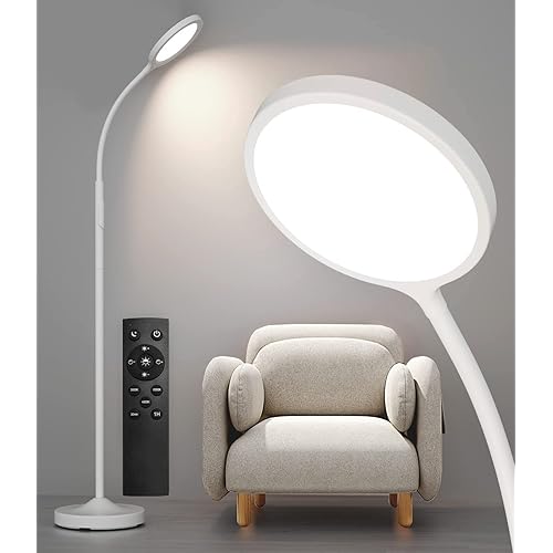 luckystyle White Floor Lamp,Super Bright Dimmable Led Floor Lamps for Living Room, Custom Color Temperature Standing Lamp with Remote Push Button, Adjustable Gooseneck Reading Floor Lamp (LK-1006)