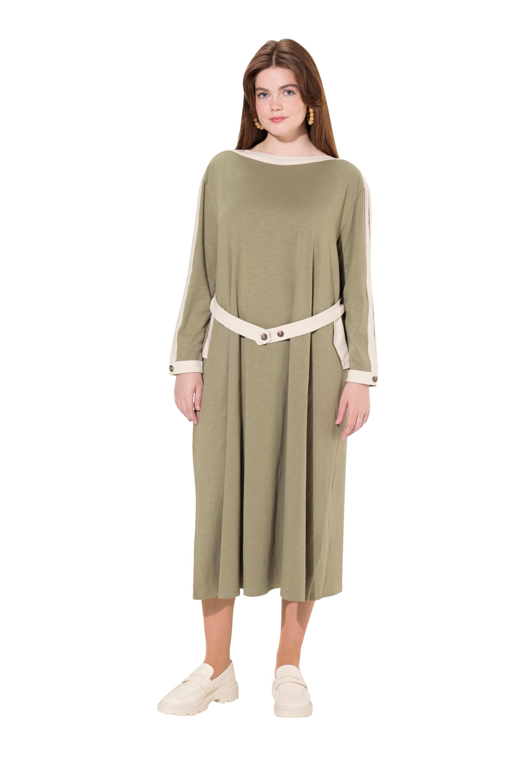 Ulla Popken Damen große Größen Übergrößen Plus Size Jersey-Midikleid, U-Boot-Ausschnitt, Langarm, Biobaumwolle 831963