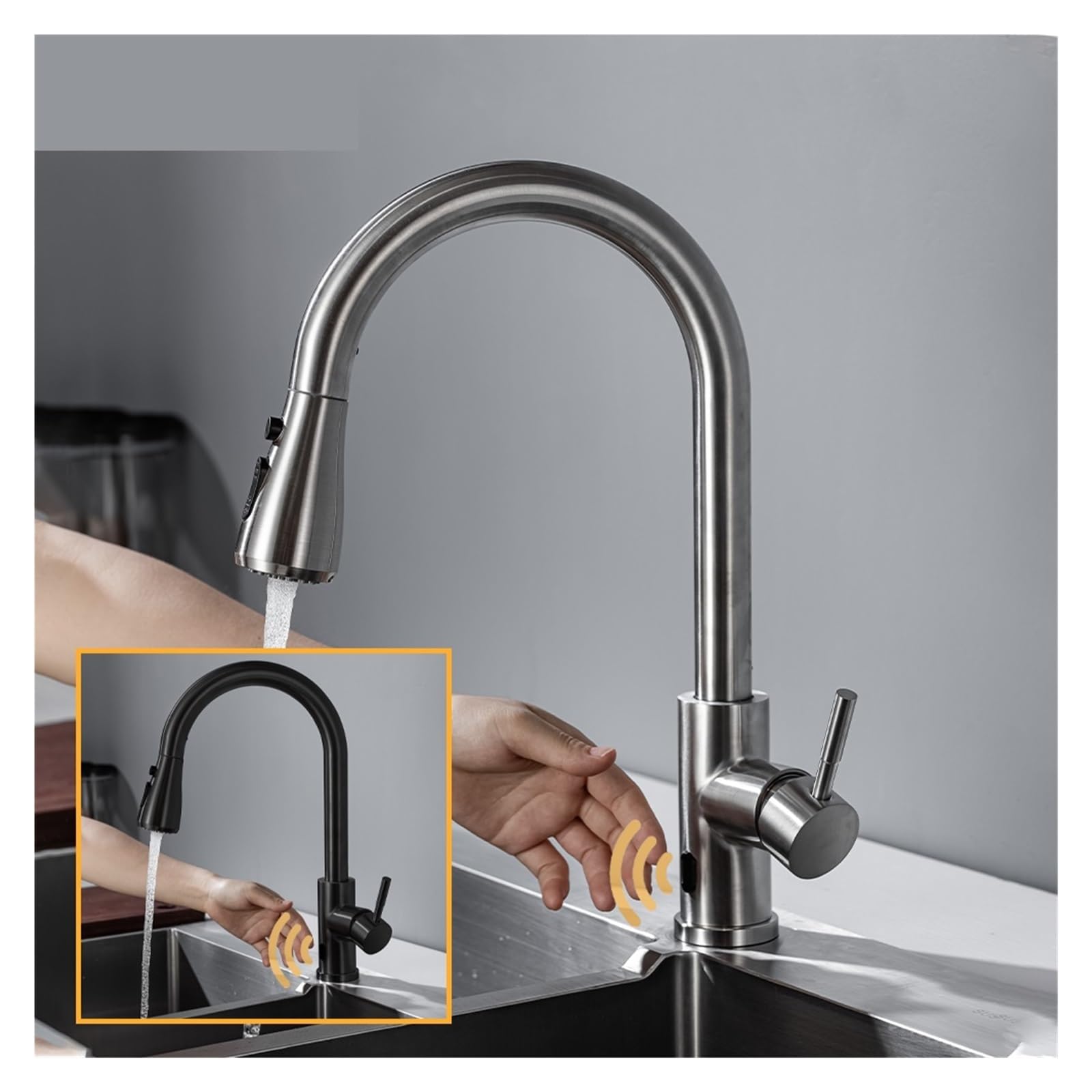 Rubinetto con sensore Automatico, Miscelatore touchless, Rubinetto Intelligente per Cucina, Rubinetto a infrarossi Spazzolato, Rubinetto a infrarossi Nero/Nichel (Hwx-Spazzolato)