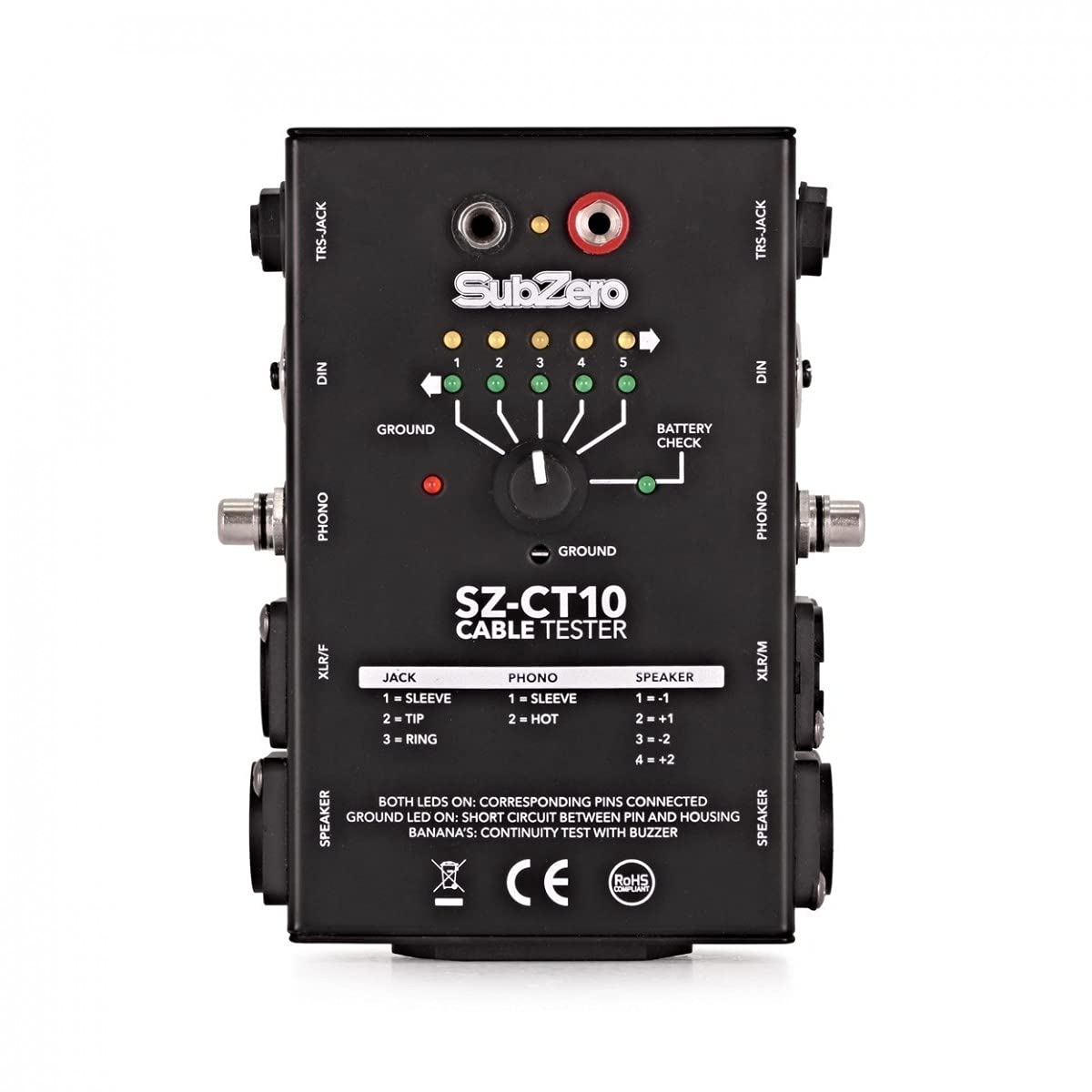 SubZero Testeur de câble audio | Pour ingénieurs du son, roadies et musicien(ne)s, teste XLR, RCA, DIN et plus, conception compacte alimentée par pile 9V