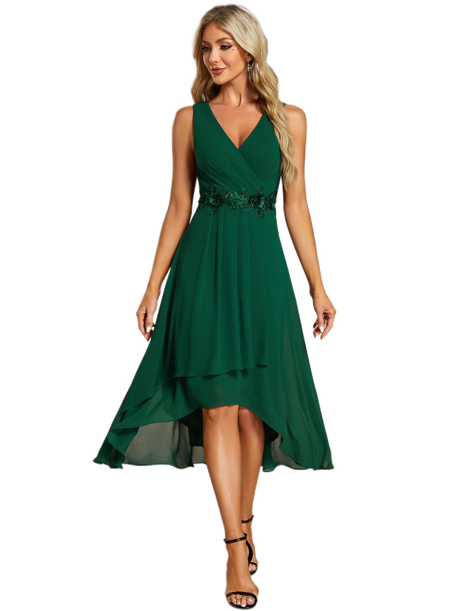 Ever-Pretty Vestido de Invitada de Boda Gasa Cuello en V Elegante Midi Vestidos de Cóctel sin Mangas Midi Falda Irregular EG41926