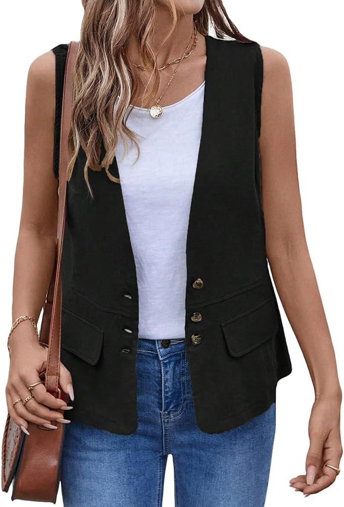 Kinghua Cotton Linen Vest Tops for Women Spring Summer Casual V Neck Sleeveless Button Down Suit Jacket Dressy Blazer Top