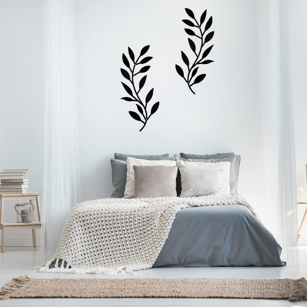 AnRui Metal Tree Leaf Wall Decor 2 Pieces Black Vine Olive Branch Leaf Wall Sculpture Wrought Iron Scroll Above Wall Decor for Bedroom, Living Room, Office, Home Decoration