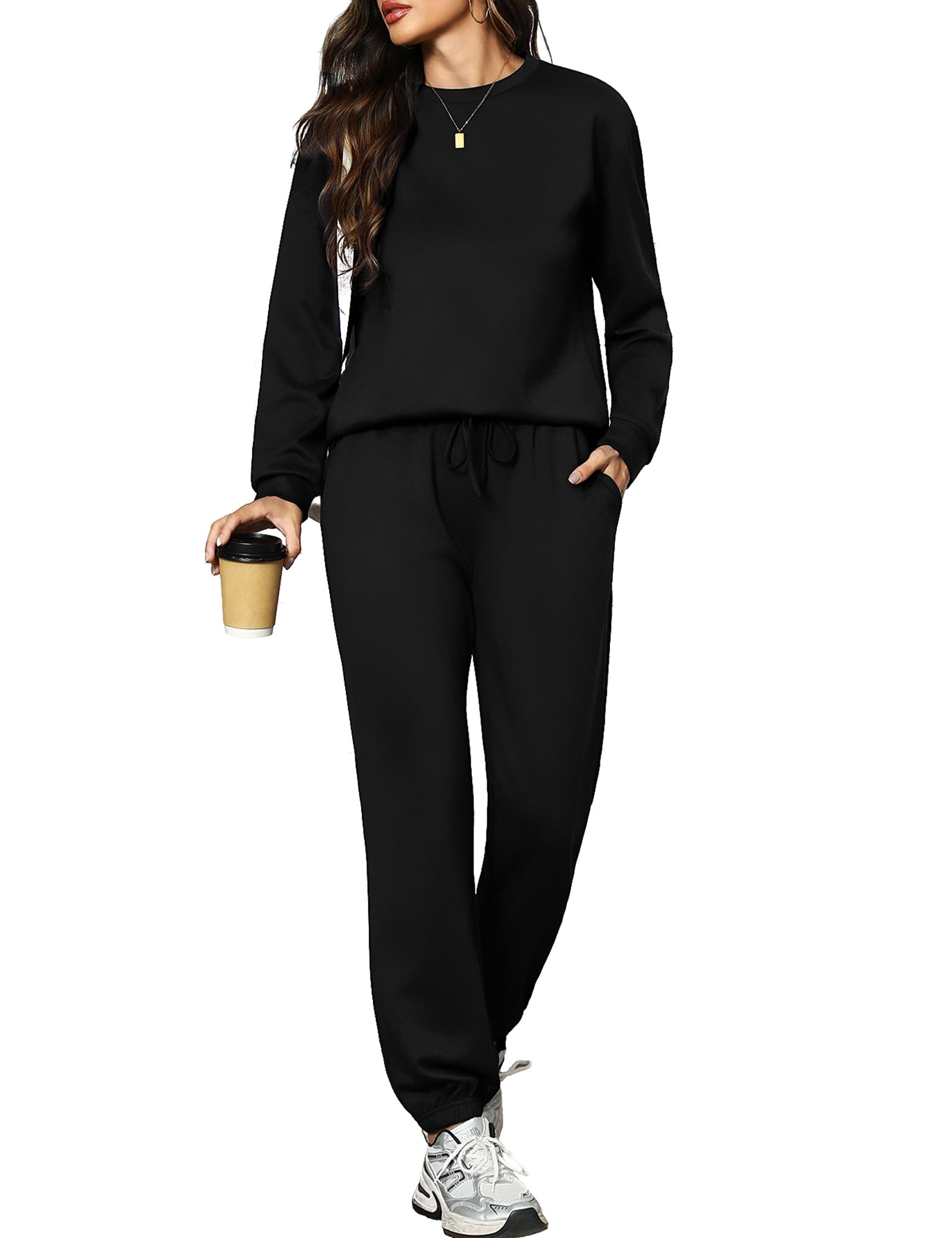 Aottori Jogginganzug Damen Rundhals Trainingsanzug Langarm Sportanzug Freizeitanzug Einfarbig Zweiteiler Hausanzug Lounge Set Sweatshirt und Jogginghose mit Taschen