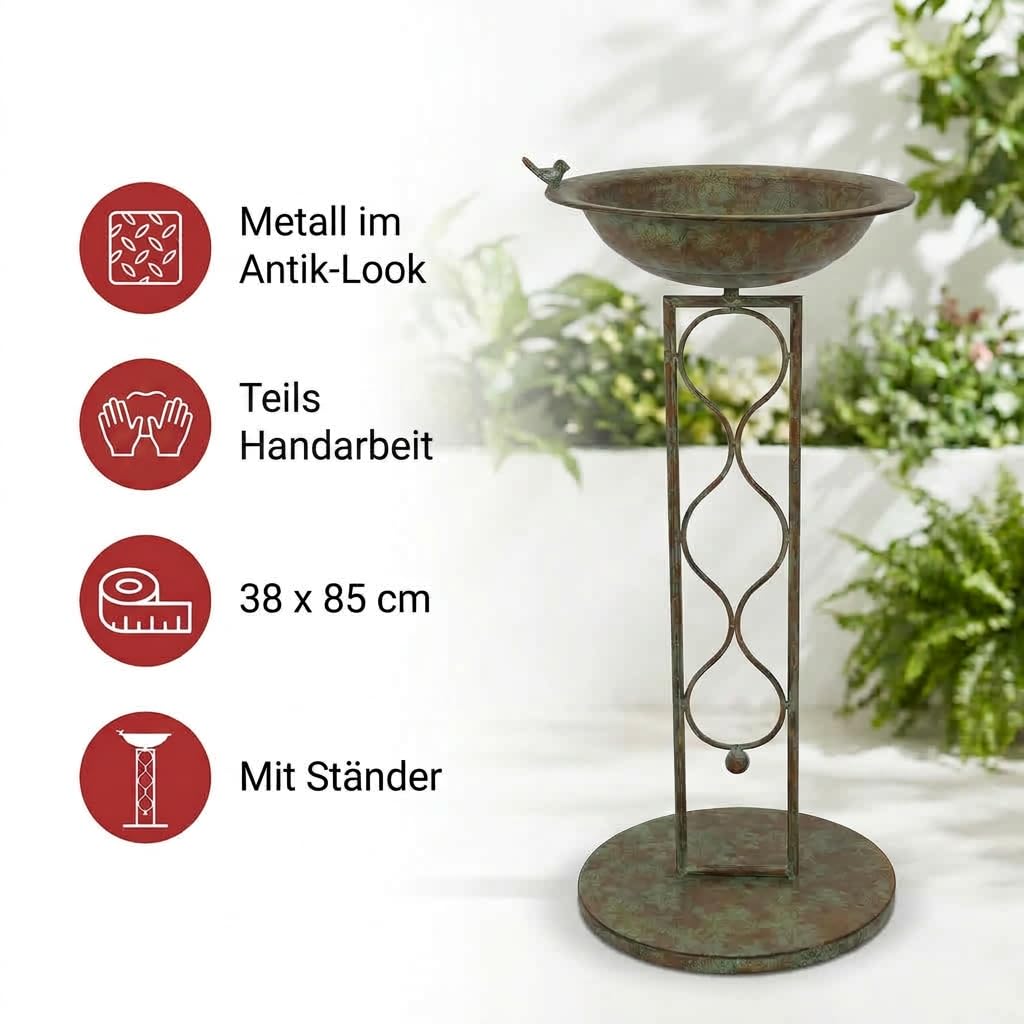 FRANK FLECHTWAREN Vogeltränke Flora, Metall Antik-Look grüne Patina