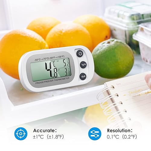 Miniatura 6 de Olipiter Termómetro de refrigerador mejorado, termómetro digital para congelador, termómetro impermeable para refrigerador con gancho, pantalla LCD,