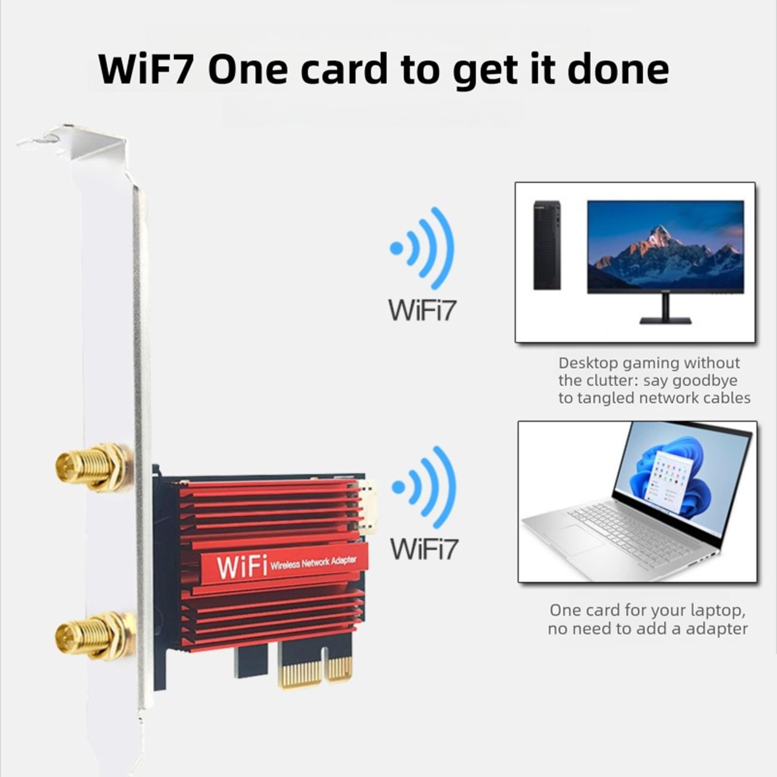 KIMISS Carte Réseau Fil WiFi 7 PCIe, Adaptateur Bande 6G/5G/2.4G pour 10/11, Prise en Charge Bluetooth 5.4, Haute Vitesse 2880 Mbps