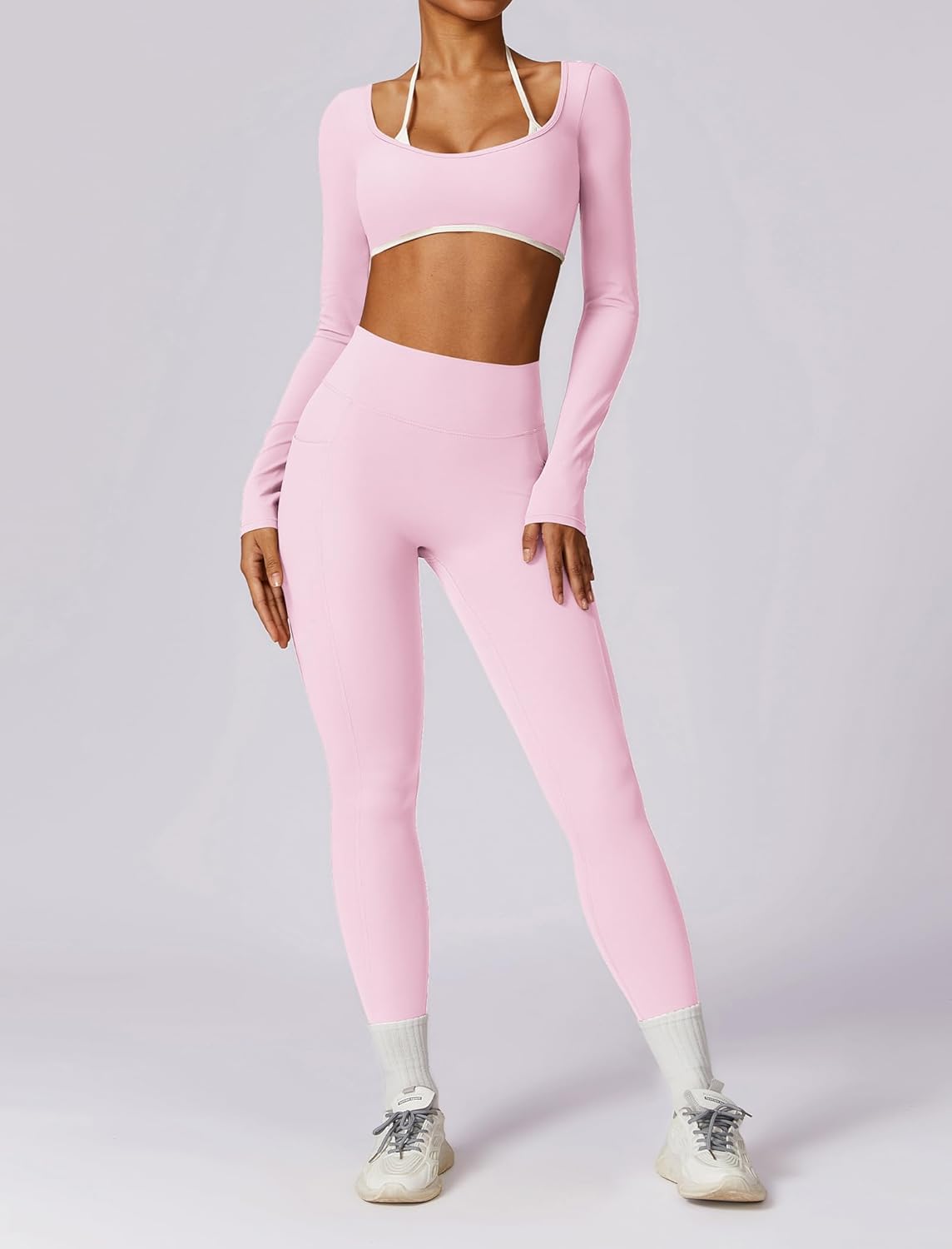 ABOCIW Workout Sets for Women Long Sleeve Crop Top Scrunch Butt Lifting High Waist Leggings with Pockets 2 Piece Outfits - Image 3