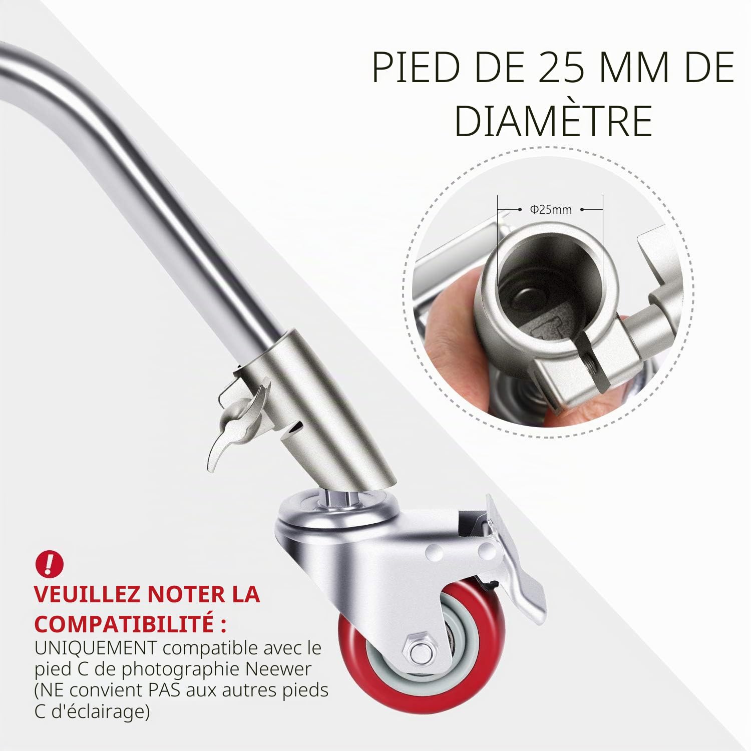 NEEWER Lot de 3 roulettes Pivotantes Diamètre de 75 mm, Construction en Métal et Base en Caoutchouc, Uniquement Compatible avec Le Support C Neewer pour Prise de Vue Vidéo en Studio(Argent)