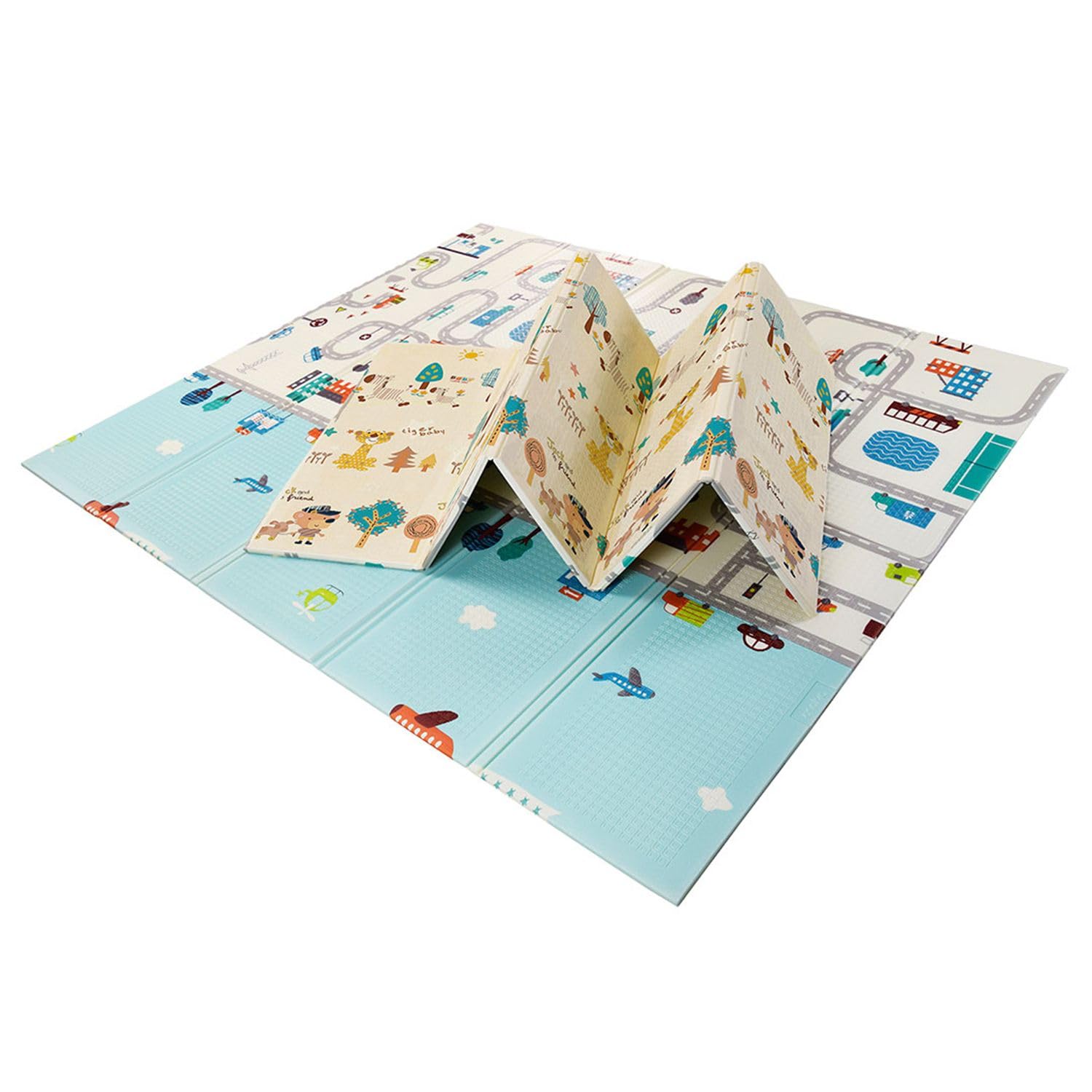 Asalvo FOLDING PLAYMAT Alfombra de Juegos Plegable, Bebé, Infantil, Acolchada, Antideslizante, Antigolpe, 120 x 180 cm, Manta de Juegos, Colchoneta, Esterilla, Impermeable, Portátil, Animales-Ciudad
