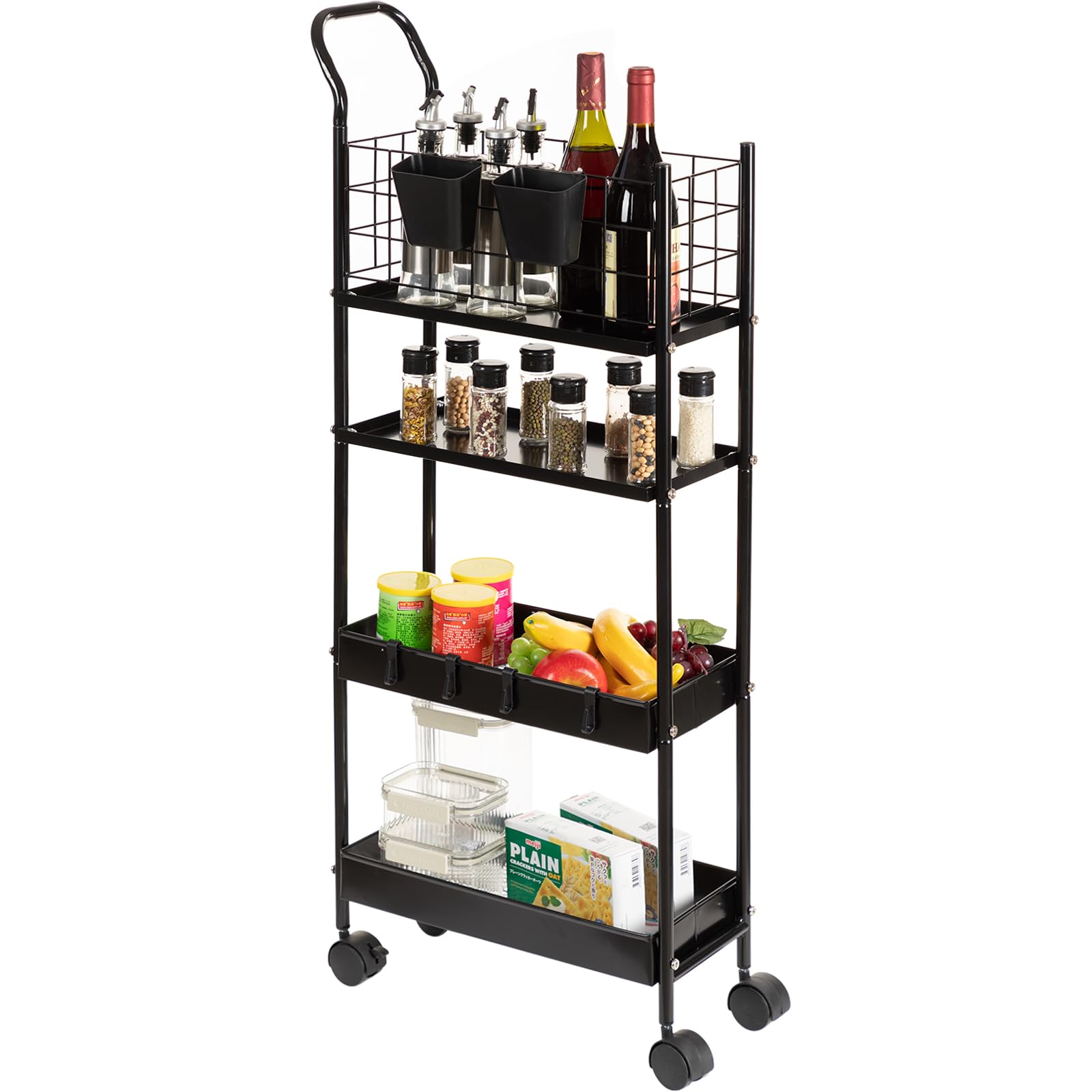 danpinera 4 Tier Slim Cart with Wheels, 7.7’’ Metal Skinny Rolling Storage Cart on Wheels for Kitchen, Bedroom, Office, Laundry Room, Small Narrow