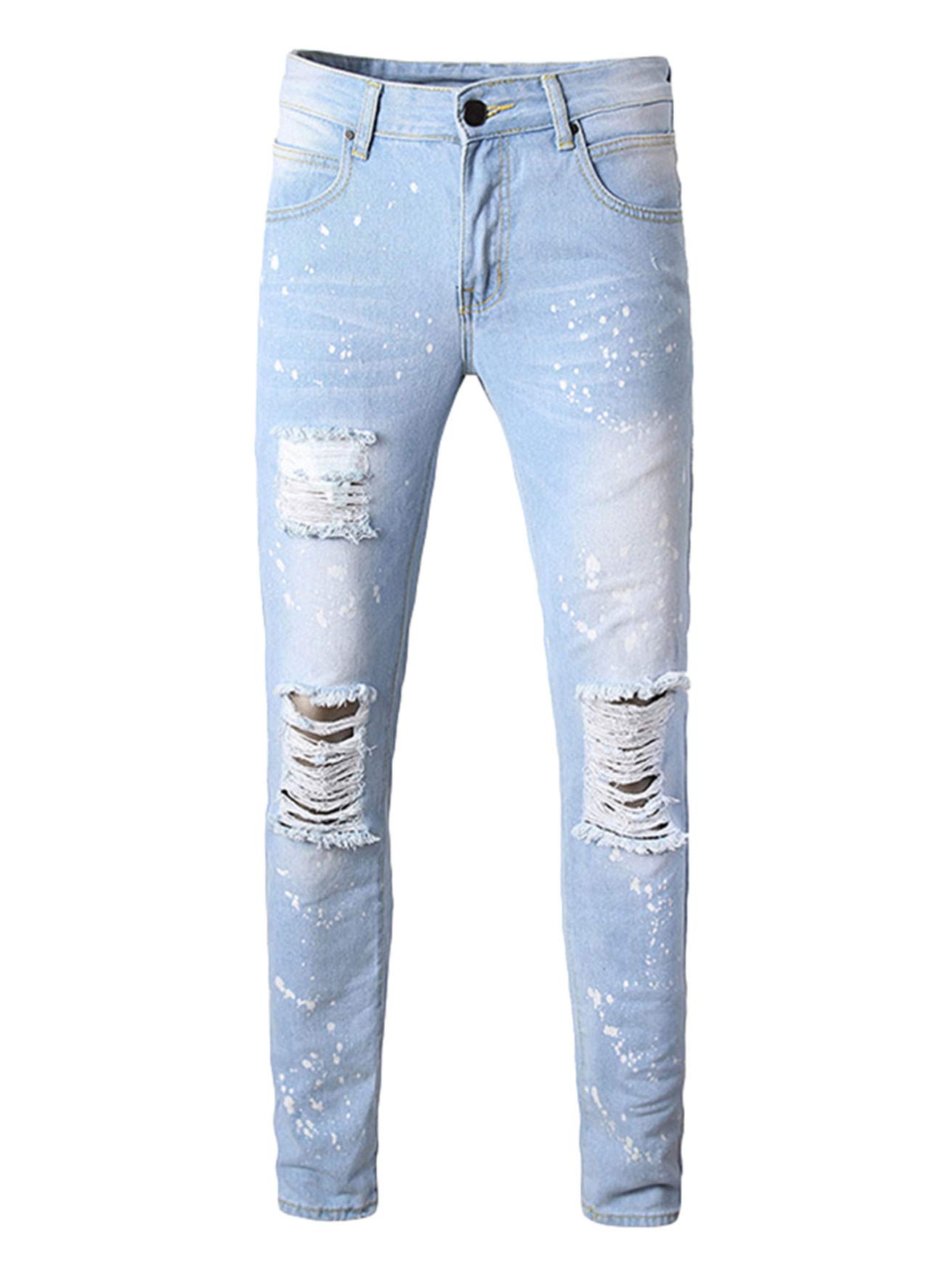 Andongnywell Mens Slim Fit Jeans Stretch Destroyed Ripped Skinny Fit Zipper Denim Pencil Pants Trousers