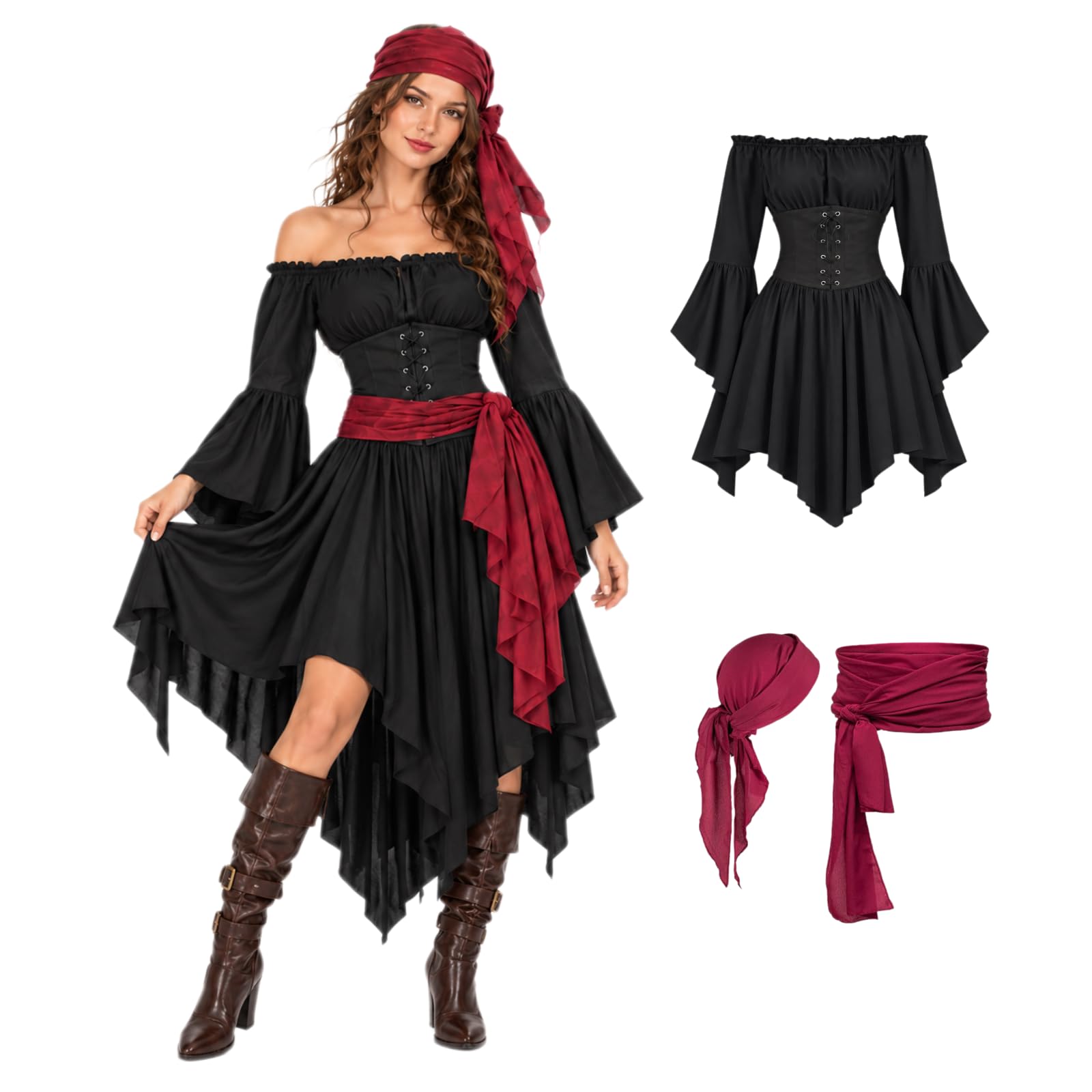 Pirate Costume Women Fancy Dress For Adults Halloween Costumes For Women Plus Size Womens Pirate Costume with Headscarf & Waist Scarf — image 1
