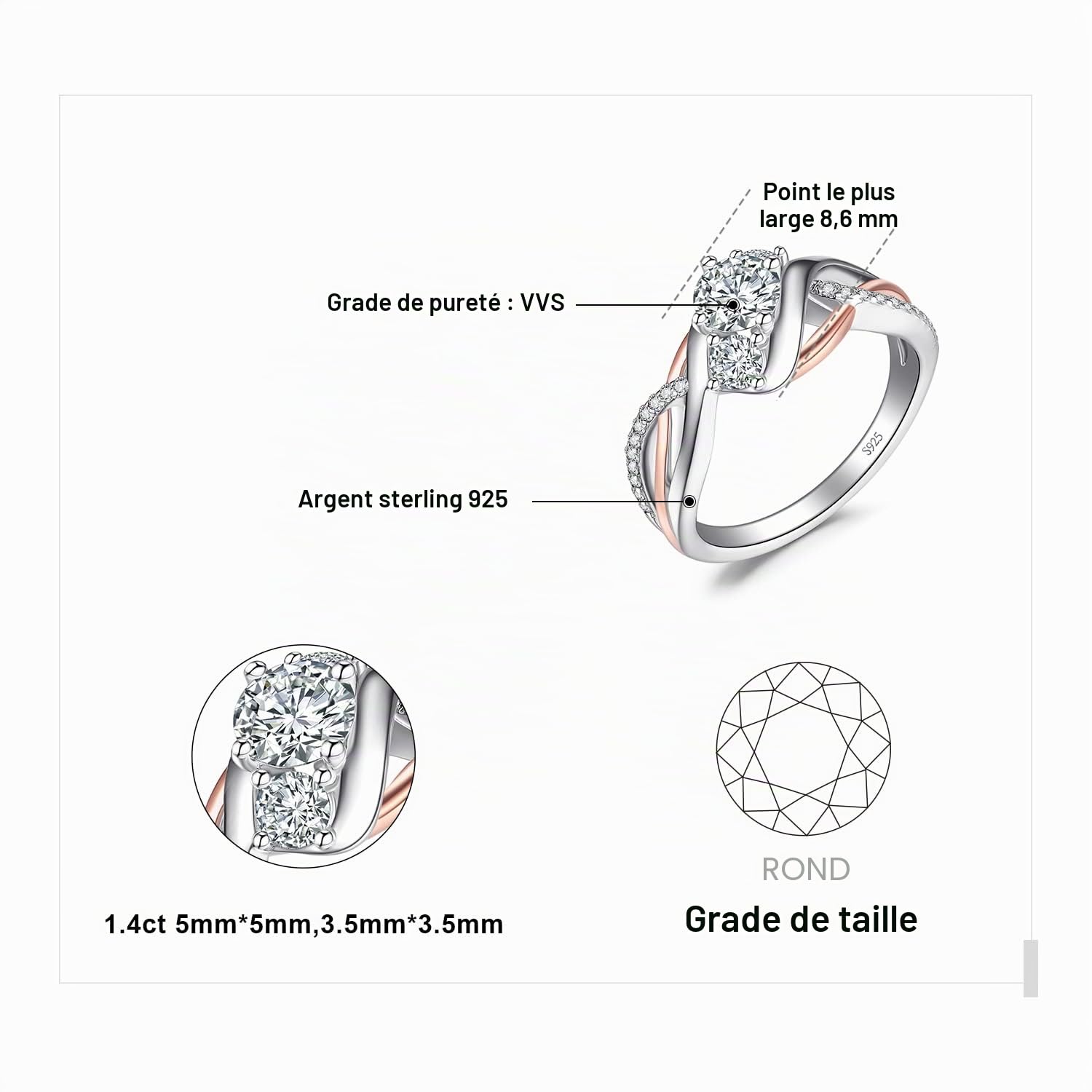 JewelryPalace Bague Infinity Noeud d'Amour Classique Or Rose Argent Massif 925 Femme, Bague Fiançaille Mariage Promesse Anniversaire 3 Pierre Bypass Anneau Diamant Simulé Zircone Cubique, Bijoux Femme