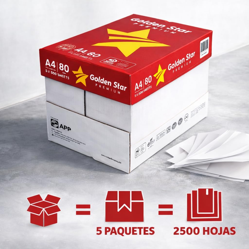 Caja 2500 Folios A4 80gr Papel Impresora Multifunción, 5 Resmas 500 Hojas, Papel Blanco A4 Para Fotocopiadora e Impresora Láser y Tinta, Paquete Oficina Imprimir y Escribir Calidad